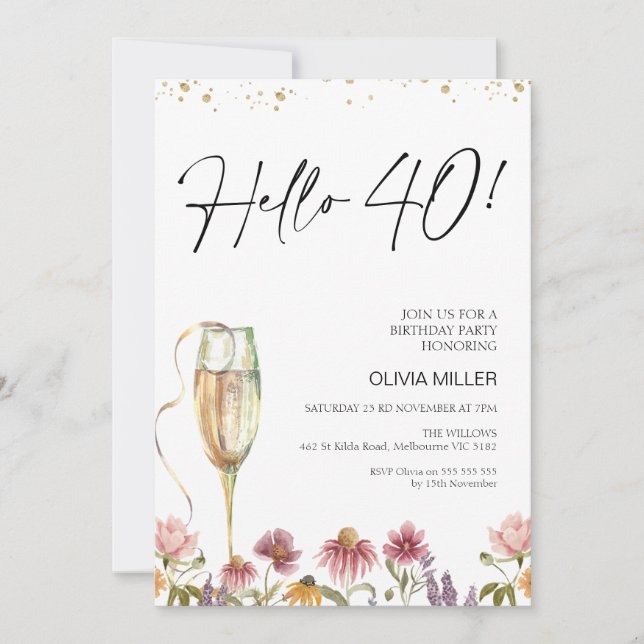 Wildflowers Hello 40 Birthday  Invitation (Front)