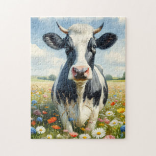 Wildflowers Holstein Dairy Cow Jigsaw Puzzle