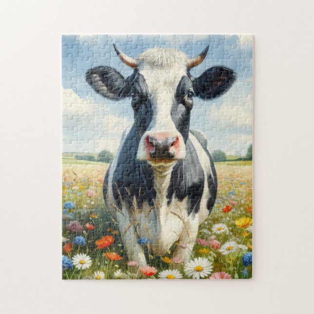 Wildflowers Holstein Dairy Cow Jigsaw Puzzle (Vertical)