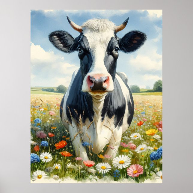 Wildflowers Holstein Dairy Cow Poster (Front)