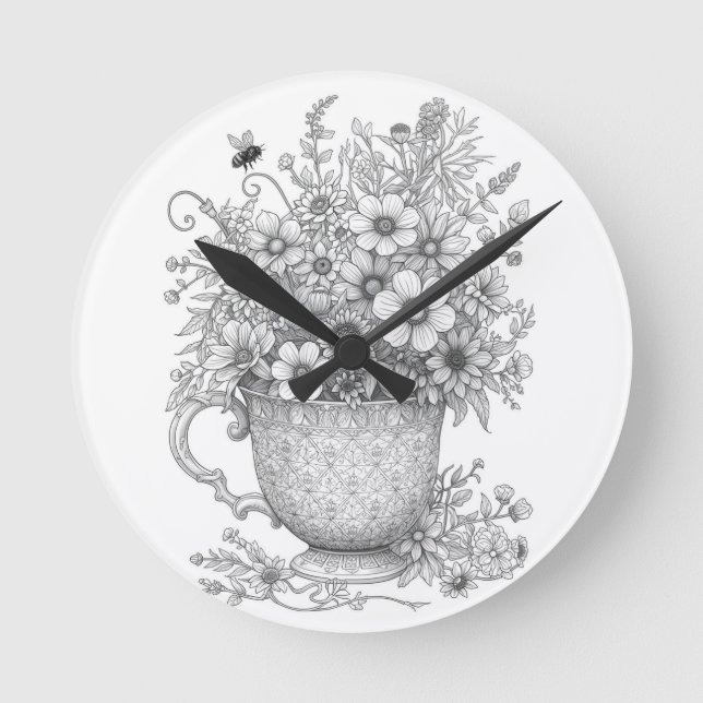 Wildflowers & Honey Bee Ink Art Wall Clock (Front)