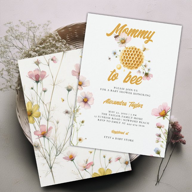 Wildflowers Honey Comb Mommy Bee Baby Girl Shower Invitation (mommy to bee baby girl shower invitation watercolor illustration honey comb whimsical wildflowers)