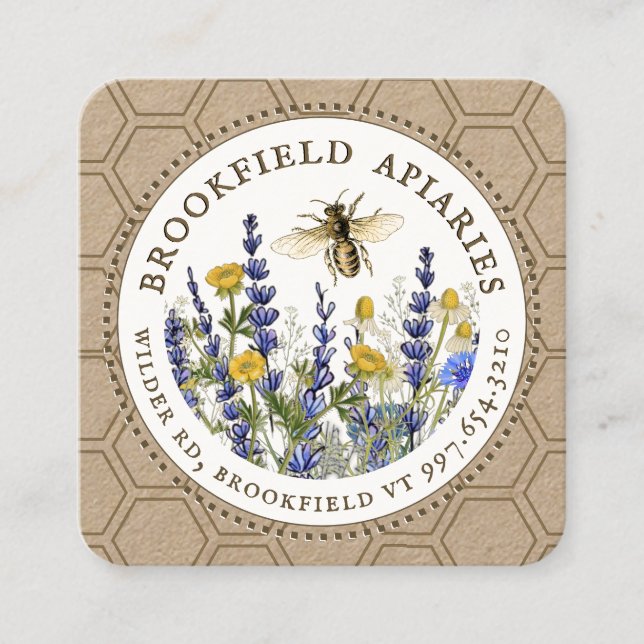 Wildflowers Honeycomb & Bee Apiary Kraft  Square Business Card (Front)