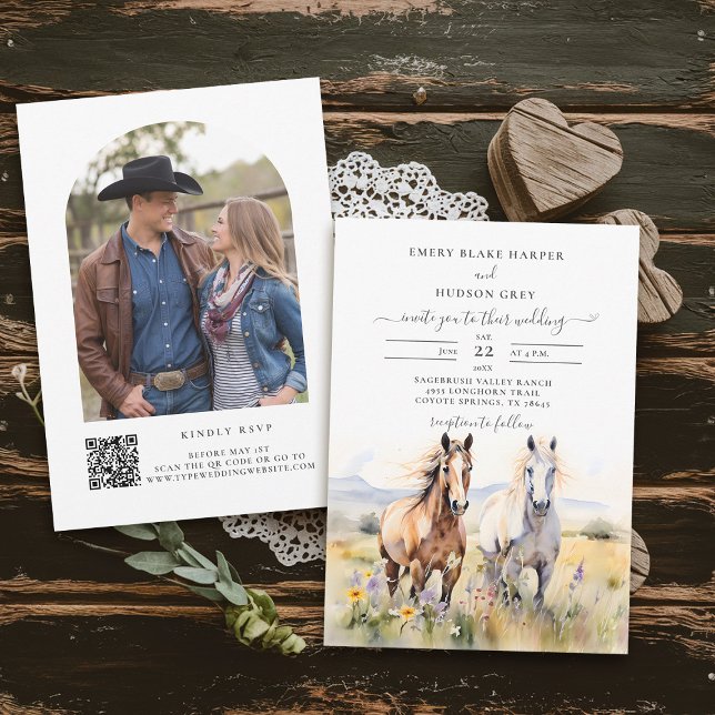 Wildflowers Horses Painting Rustic Country Wedding Invitation (country wedding invitation rustic western barn watercolor cowboy horses wildflowers calligraphy)
