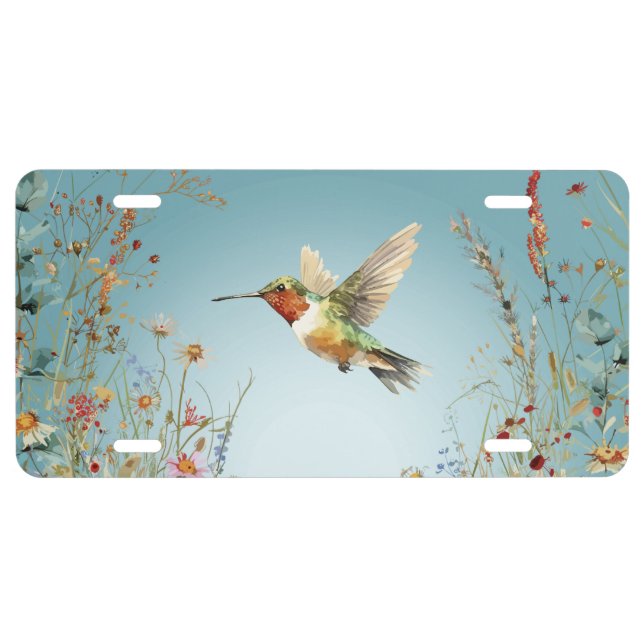Wildflowers Hummingbird Sky Blue License Plate (Front)