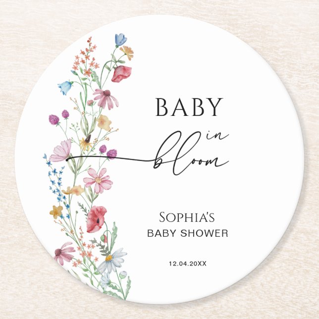 Wildflowers in Bloom Baby Shower Round Paper Coaster (Front)