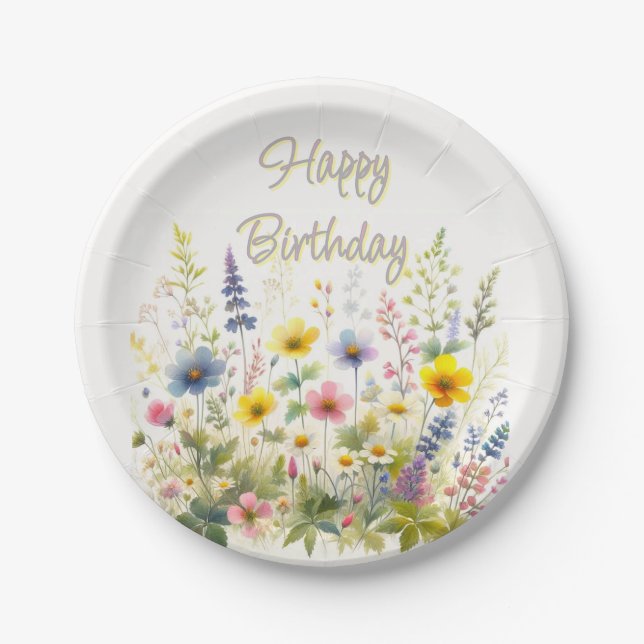 Wildflowers in Bloom Happy Birthday Paper Plate (Front)