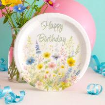 Wildflowers in Bloom Happy Birthday Paper Plate
