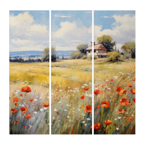 Wildflowers in Country Field Rustic Farmhouse Triptych