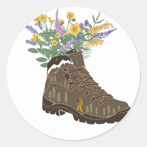 Wildflowers in Hiking Boot Camping  T_Shirt Keycha Classic Round Sticker