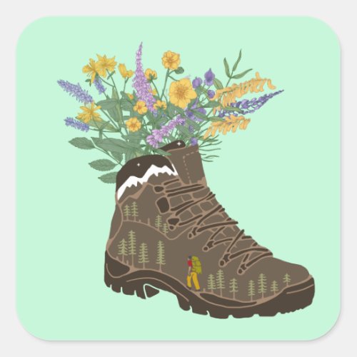 Wildflowers in Hiking Boot Camping  T_Shirt Keycha Square Sticker