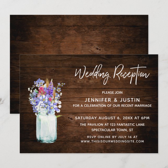 Wildflowers in Mason Jar Rustic Wedding Reception Invitation (Front/Back)