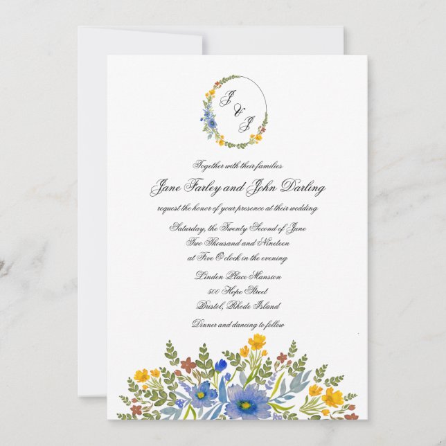 Wildflowers in Primary Colors Wedding Invitation (Front)