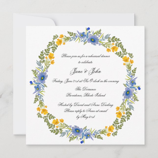 Wildflowers in Primary Colors Wreath Invitation (Front)