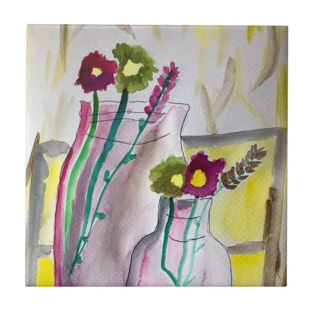 Wildflowers in vase abstract art ceramic tile (Front)