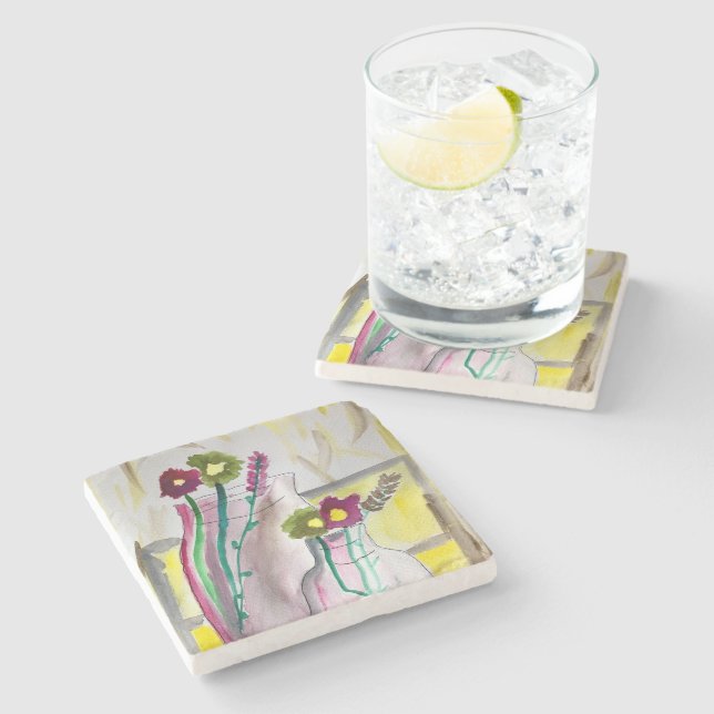 Wildflowers in vase abstract art stone coaster (Side)