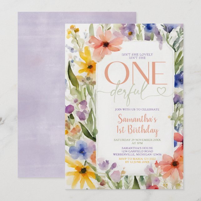 Wildflowers Isn't She Onederful 1st Birthday Invitation (Front/Back)