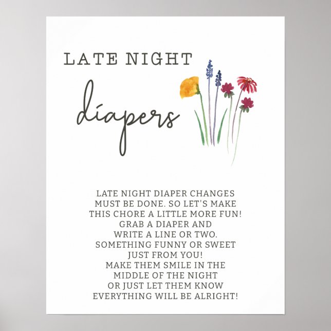Wildflowers Late Night Diapers Baby Shower Game Poster (Front)