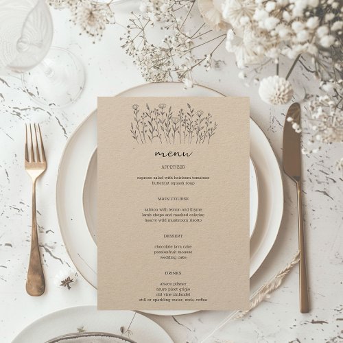 Wildflowers Line Art Elegant Modern Rustic CUSTOM Menu