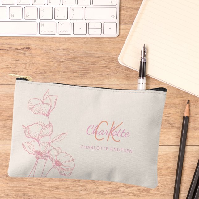 Wildflowers line art pink cream monogram name accessory pouch (Creator Uploaded)