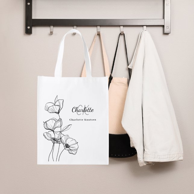Wildflowers line art simple monogram name grocery bag (Creator Uploaded)