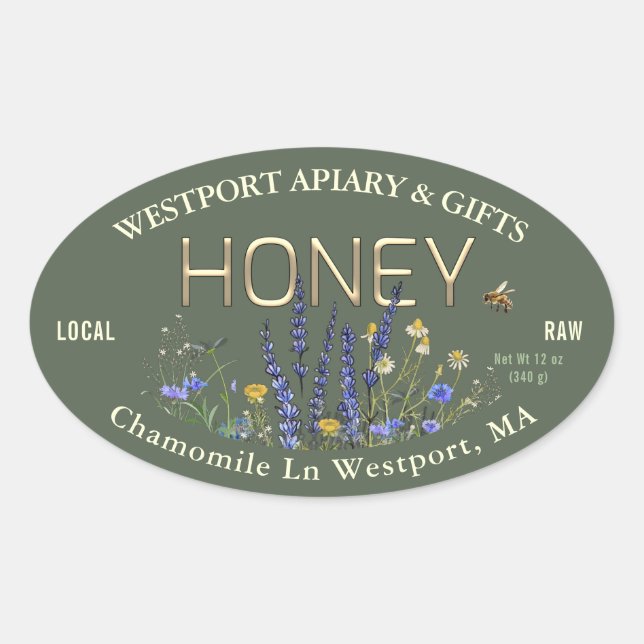 Wildflowers Local Raw Honey Label Bee Green Gold (Front)