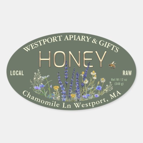 Wildflowers Local Raw Honey Label Bee Green Gold