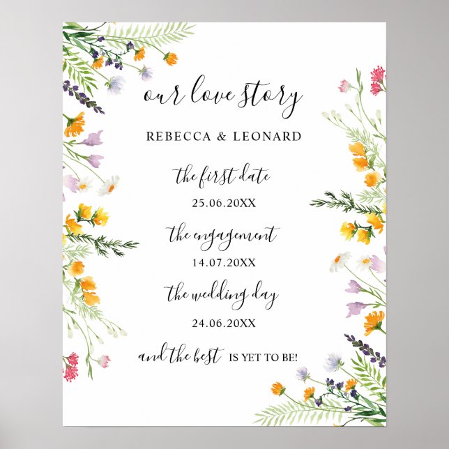 Wildflowers love story timeline wedding sign (Front)