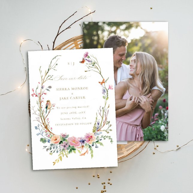 Wildflowers Magical Garden Photo Wedding Save Date Invitation (garden wedding save the date photo wildflowers enchanted woodland forest butterflies bird whimsical)