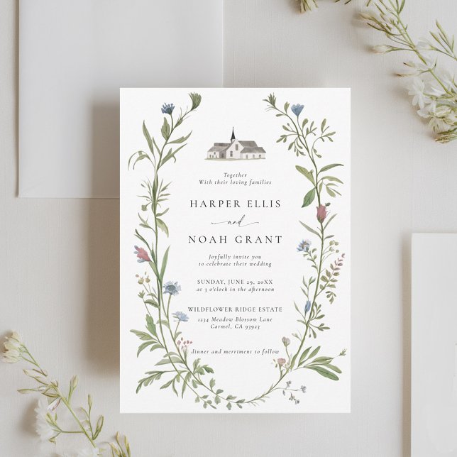 Wildflowers Manor Elegant Simple Modern Wedding Invitation (wildflowers wedding invitation manor floral frame modern garden outdoors indoors backyard barn chic)