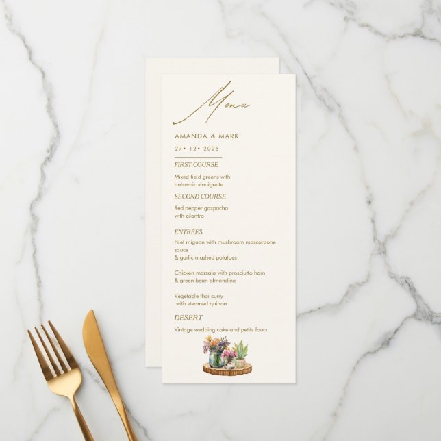 Wildflowers Mason Jar Boho bohemian Wedding Menu (Front/Back In Situ)