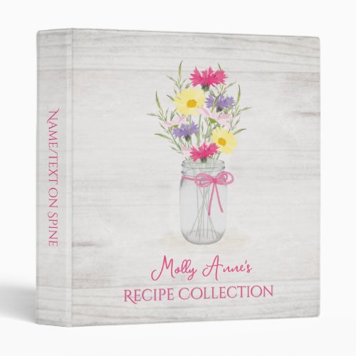 Wildflowers Mason Jar Vase Pink Rustic Recipe 3 Ring Binder