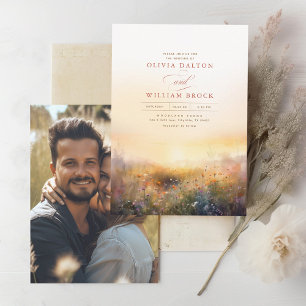 Wildflowers Meadow Earthy Elegant Wedding Photo Invitation