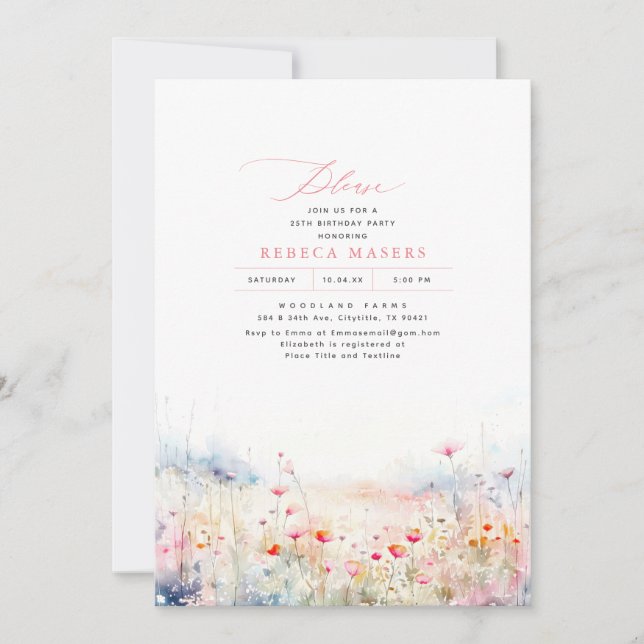 Wildflowers Meadow Elegant Summer Birthday Party Invitation (Front)