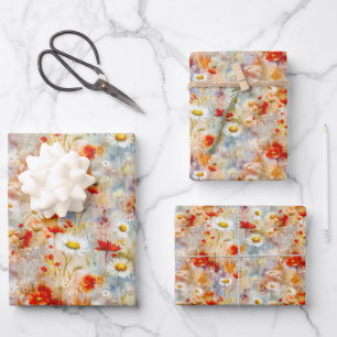 Wildflowers Meadow Red Poppies Daisies Wrapping Paper Sheets