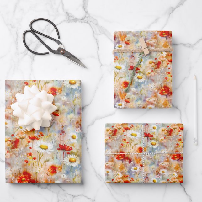 Wildflowers Meadow Red Poppies Daisies Wrapping Paper Sheets (Front)