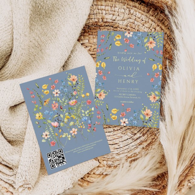  Wildflowers Modern Dusty Blue QR Code Wedding  Invitation (Creator Uploaded)