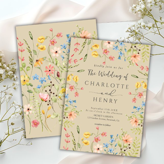  Wildflowers Modern Elegant Garden Beige Wedding  Invitation (Creator Uploaded)