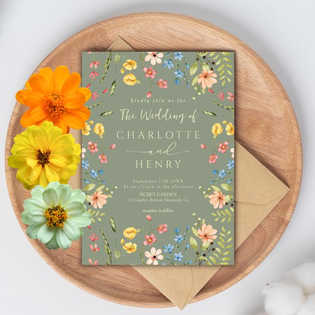 Wildflowers Modern Elegant Sage & Yellow Wedding  Invitation (Creator Uploaded)