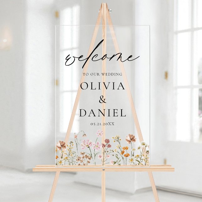 Wildflowers Modern Script Wedding Welcome Elegant Acrylic Sign (Creator Uploaded)
