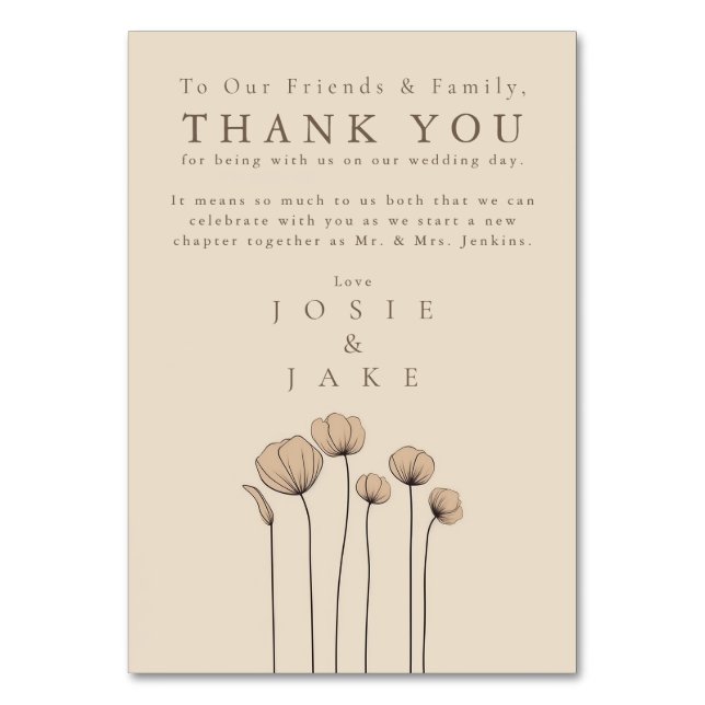 Wildflowers modern Wedding thank you Table Card (Front)