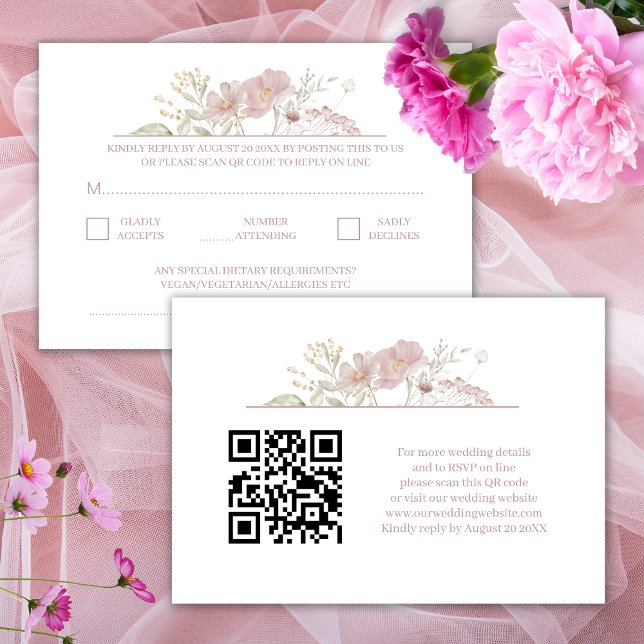 Wildflowers Modern White Wedding QR Code RSVP Enclosure Card (Creator Uploaded)