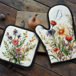 Wildflowers Monogram Initial Kitchen Oven Mitt &amp; Pot Holder Set