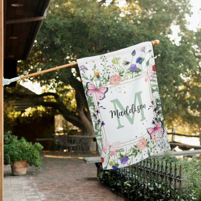 Wildflowers Monogram Name Spring House Flag (In SItu)