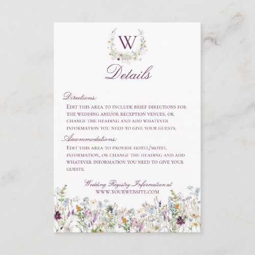 Wildflowers Monogram Wedding Details Enclosure Card