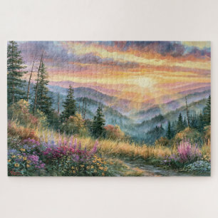 Wildflowers Mountain Sunrise Painting Jigsaw Puzzle