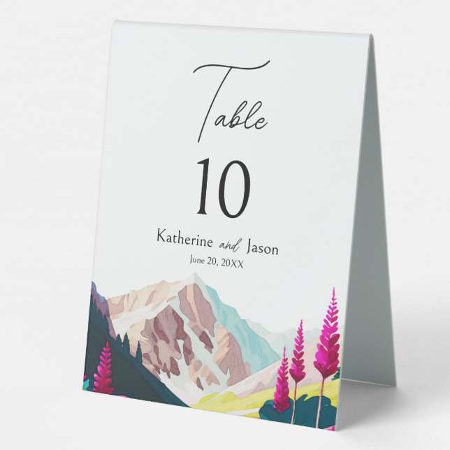 Wildflowers Mountains Watercolor Wedding Table Tent (Back)