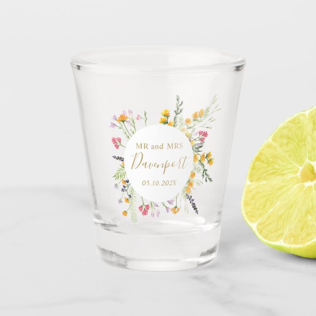 Wildflowers Mr and Mrs Wedding  favor  Shot Glass (Front)