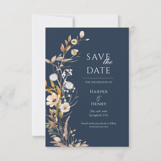 Wildflowers Navy Blue Boho Botanical  Save The Date (Front)