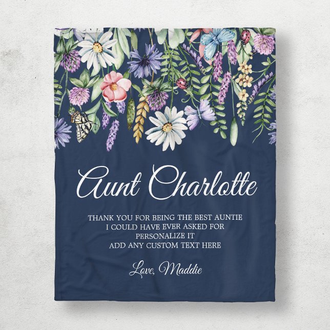 Wildflowers Navy Blue Personalized Aunt Fleece Blanket (Aunt Wildflowers Personalized Fleece Blanket
)